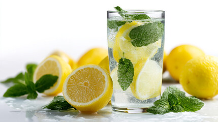 Glass of water with lemon slices and mint leaves surrounded by whole and cut lemons on a white surface
