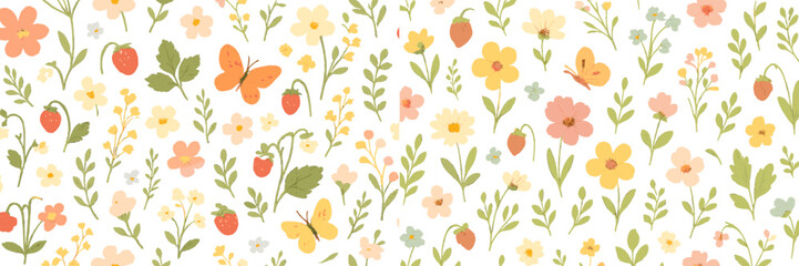 Colorful vector flat illustration featuring flowers, butterflies, and strawberries in a whimsical garden setting during springtime