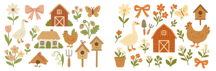 Colorful vector flat illustration of a charming farm environment with animals, plants, and cozy structures displayed in a whimsical layout