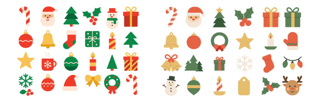 Festive vector flat illustration showcasing various Christmas themed icons and symbols