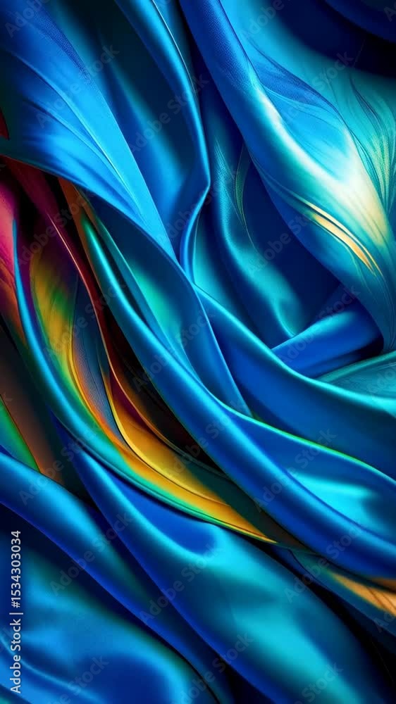 Poster Iridescent satin fabric background with flowing lines, swirling pattern and vibrant colors, a captivating display of light and shadow.