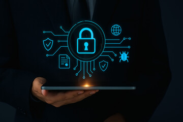 A digital representation of cybersecurity with a padlock and various security related icons floating above a hand holding a tablet symbolizing digital protection and data security