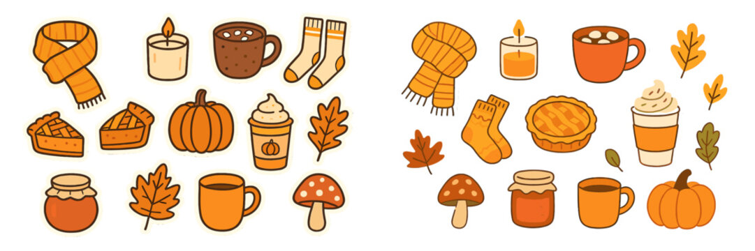 Warm autumn illustrations featuring seasonal items like pies, pumpkins, and cozy accessories for a festive atmosphere