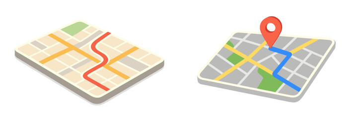 Vector flat illustration showing two styles of map layouts with navigation markers for urban exploration