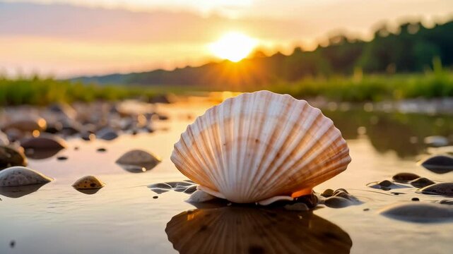 Scallop seashell sits on wet sand reflecting golden light during a scenic sunset along tranquil beach shore, evoking peace