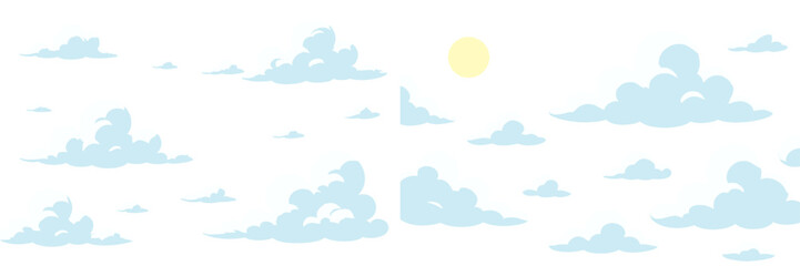 Fototapeta premium Bright sun shining through soft blue clouds on a clear day in a cheerful, vector flat illustration style