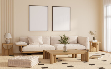 Modern Japandi Living Room with Dual Vertical Framed Posters above Beige Sofa – Wall Art Mockup © Visio3Design