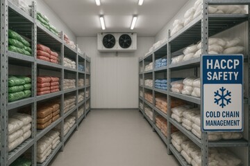 Organized Industrial Freezer Storage Room with HACCP Safety Signs for Cold Chain Management