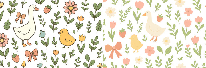 Cheerful springtime garden with ducks, chicks, flowers, and bows in a playful vector flat illustration