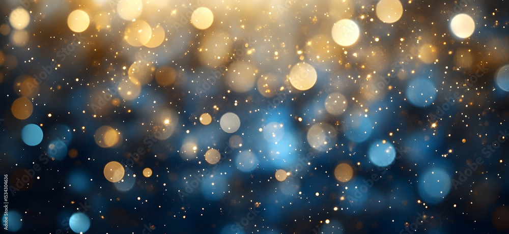 Poster golden and blue bokeh background with sparkling particles for festive atmosphere