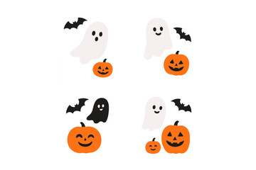 Fun flat vector illustration of playful ghosts and pumpkins with bats for Halloween festivities