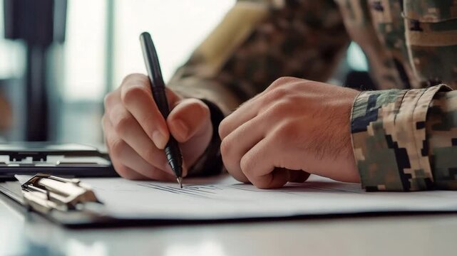 Close up hand of soldier in camouflage uniform signing military contract, enlist in army. Brave man ready to defend his homeland