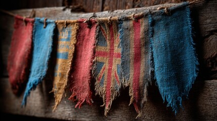 Worn Fabric Flags Hanging on Wooden Background