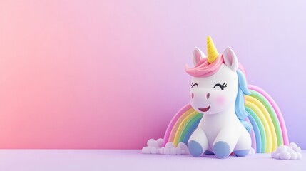 Cute 3D illustration of a smiling unicorn with a colorful rainbow backdrop, featuring soft pastel colors and fluffy clouds, creating a whimsical and joyful atmosphere for children