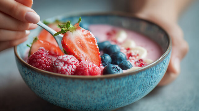 Close up of a bowl filled with yogurt and fresh berries being eaten with a spoon by a person