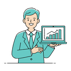 Male presenter chart laptop icon. EPS Vector Silhouette File of a man pointing to a rising chart on a laptop for business analytics black illustration