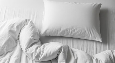 White pillow and rumpled bedding on plain bed close-up