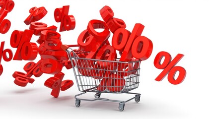 Shopping cart overflowing with red percent symbols for discount sale concept