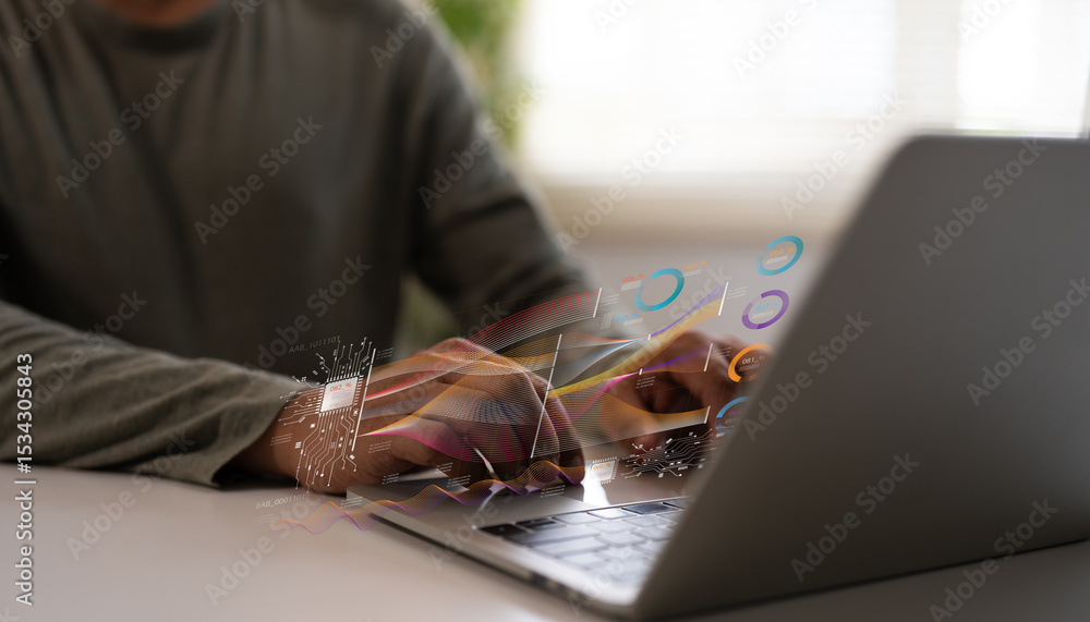 Poster businessman use artificial intelligence ai technology analyzing financial data stock market. ai lear