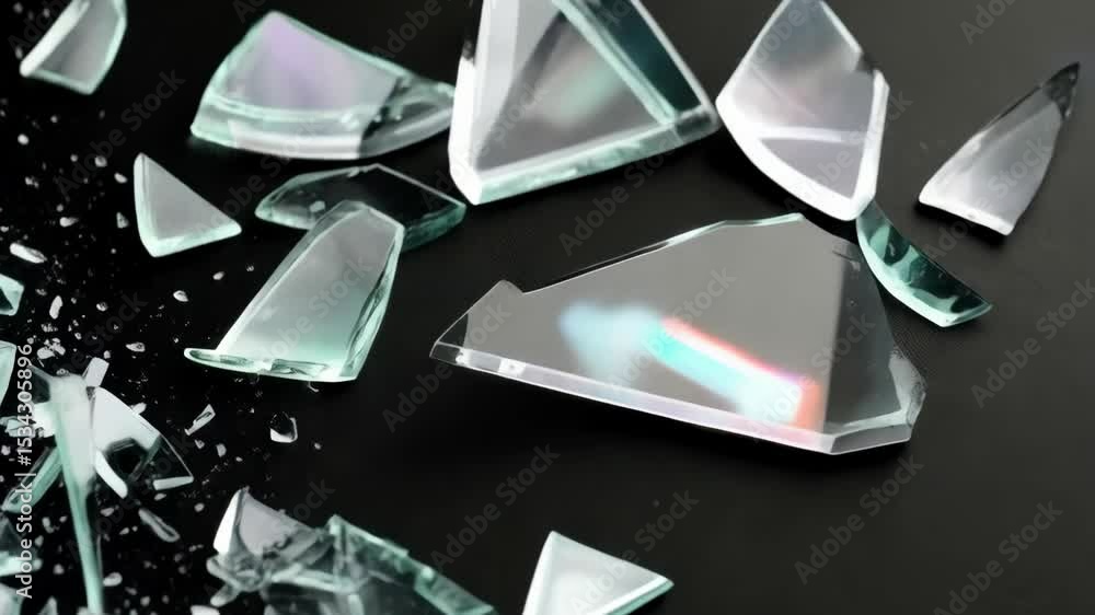 Poster sharp shards and slivers of broken glass scattered on a jet black surface create a dynamic scene of 