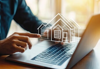 Hands interacting with a digital house blueprint on a laptop