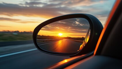 Sunset reflected in a car side mirror