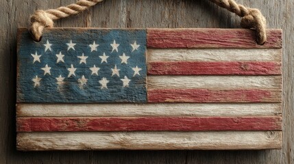 Rustic Wooden American Flag Hanging on Wood