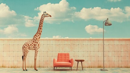 Giraffe and armchair against a wall, surreal landscape