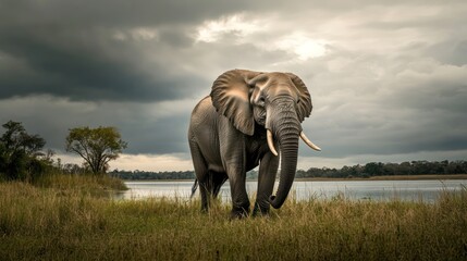 Fototapeta premium Majestic elephant by a lake under a dramatic sky