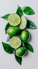 close-up of green limes with leaves on white background. Juicy wallpapers for mobile app