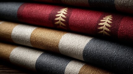 Close-up of Folded Striped Fabric with Gold Tree Pattern