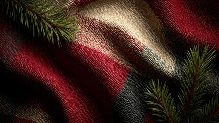 Red Black Cream Glittery Fabric with Pine Branches