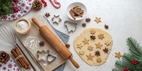 Creating a cozy christmas baking scene with flour, a rolling pin, star shaped gingerbread cookies, cinnamon sticks, dried orange slices, and festive decorations