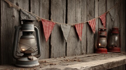 Rustic Lanterns and Bunting on Weathered Wood