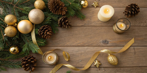 Golden christmas ornaments, pine cones, lit candles, golden ribbons and fir branches creating a festive holiday atmosphere on a rustic wooden table, perfect for winter celebrations