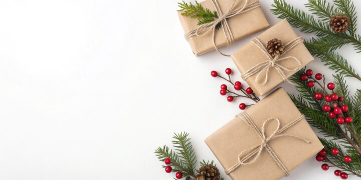 Christmas or new year composition with gift boxes wrapped in craft paper, decorated with twine and red berries, and pine branches on white background with copy space