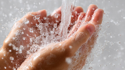 Fototapeta premium Close up of hands under running water with splashes and bubbles in a bright white background