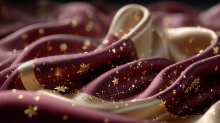Burgundy and Beige Fabric with Gold Stars Draped Abstract Background