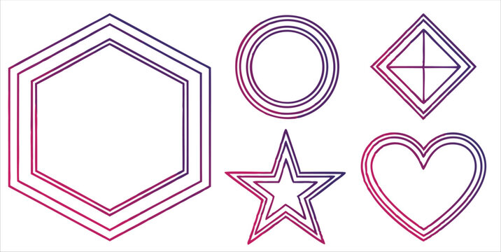 Collection of basic geometric shape frames, gradient outlines, vector illustration set.