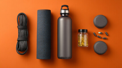 Exercise equipment including a jump rope yoga mat water bottle and vitamins on orange background