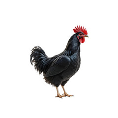 Fototapeta premium Striking Black Rooster Against a White Background.A full shot of a vibrant black rooster, isolated against a clean white background.