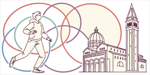 Person walking with overlapping circles and architecture, vector illustration of modern urban blend.