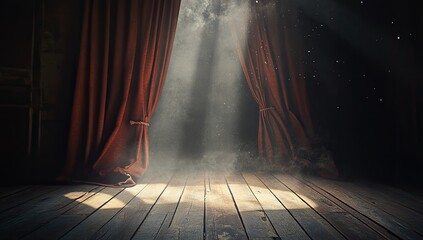 Vintage stage with red curtains and sunlight