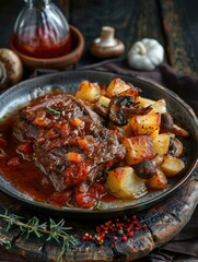 diced beef pot roast with tomato potato and mushroom