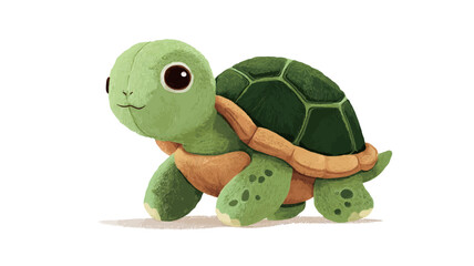 Obraz premium Digital illustration of a cartoon turtle. The turtle is depicted in a cute, stylized manner with large eyes and a friendly expression. Its shell is predominantly dark green with lighter green and