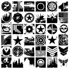 Collection of diverse monochrome military and stencil-style graphic elements. Abstract design concept