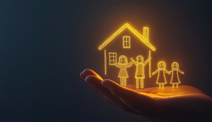 A hand holding a glowing, digital drawing of a family and a house
