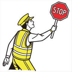 Crossing guard holding stop sign, vector illustration for pedestrian safety awareness.