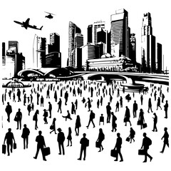Crowded cityscape illustration with numerous people and city elements. Urban life concept