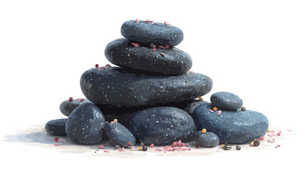 A high-resolution close-up image depicts a stack of dark gray or black, smooth, wet-looking spa stones against a pure white background.  A small amount of pink crystals are scattered around the